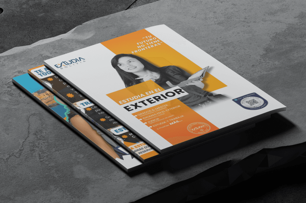 Marketing Digital y Diseño Web aplicados en catálogos impresos para estudiar en el exterior de Estudia Bolivia.
