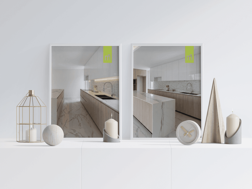Marketing Digital y Diseño Web representados en una maqueta de cuadros decorativos con cocinas modernas.
