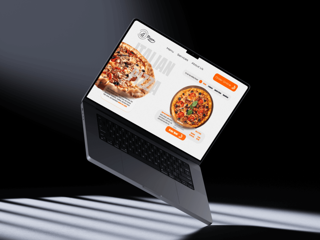 Marketing Digital y Diseño Web para una pizzería, presentado en una maqueta de laptop.