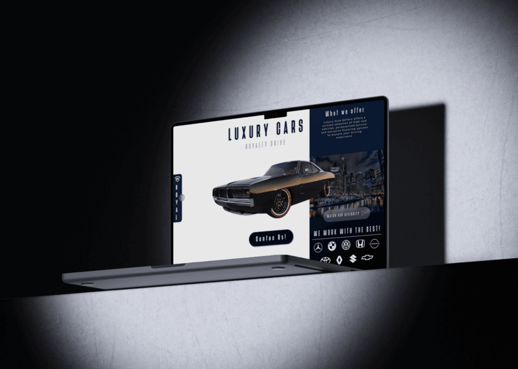 Marketing Digital y Diseño Web en maqueta de laptop mostrando un diseño web para automóviles de lujo.