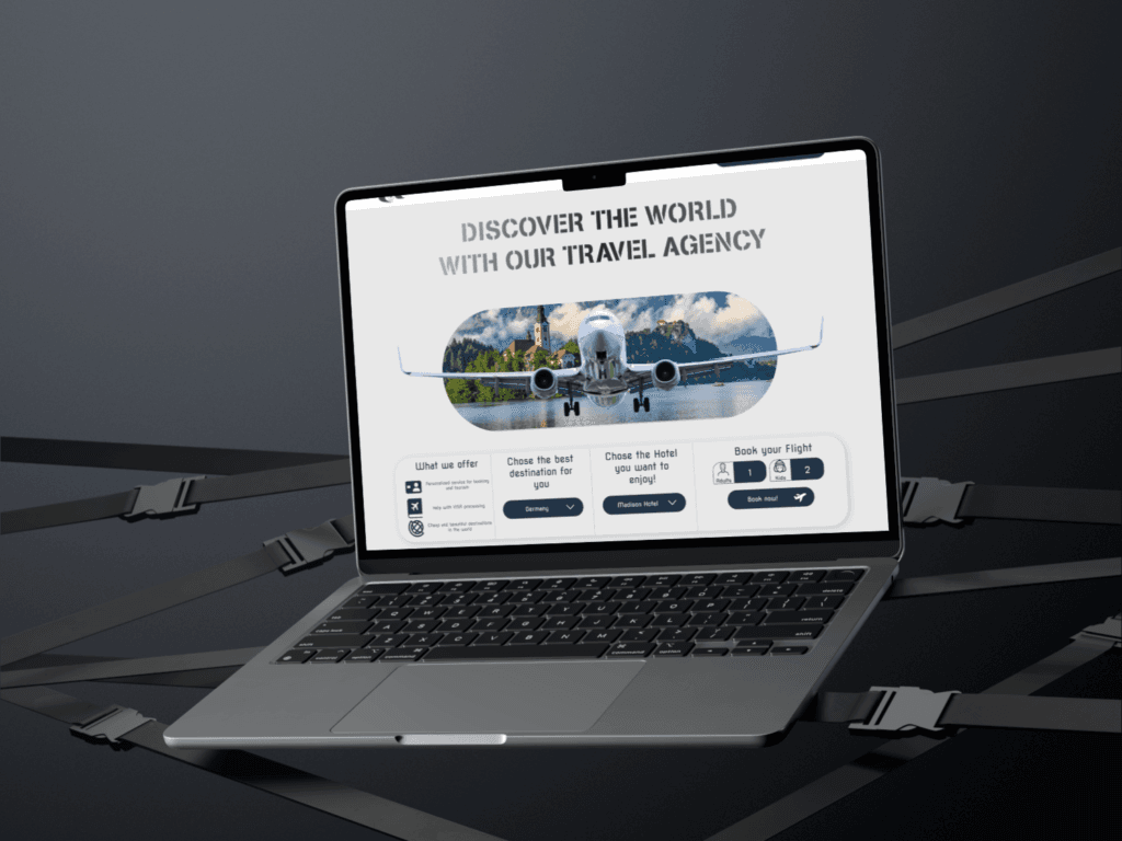 Marketing Digital y Diseño Web para una agencia de viajes en una maqueta de laptop.